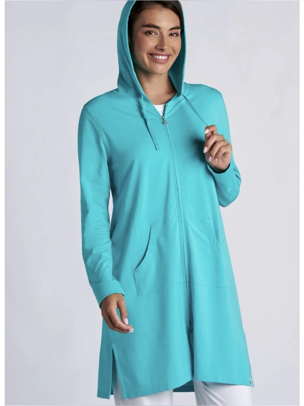 Coolibar Cabana Long Zip Front Hoodie Teal UPF 50+ Sun Protection Top Swim Cover
